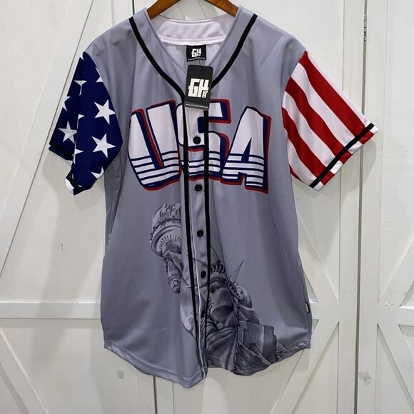 Greater Half Custom Baseball Jersey Button Down USA Grey America #1 Size Medium - Picture 6 of 17